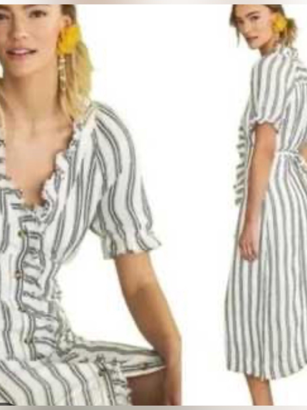 Pilcro Anthropologie White and Black Striped Ruffle-Front Midi Dress